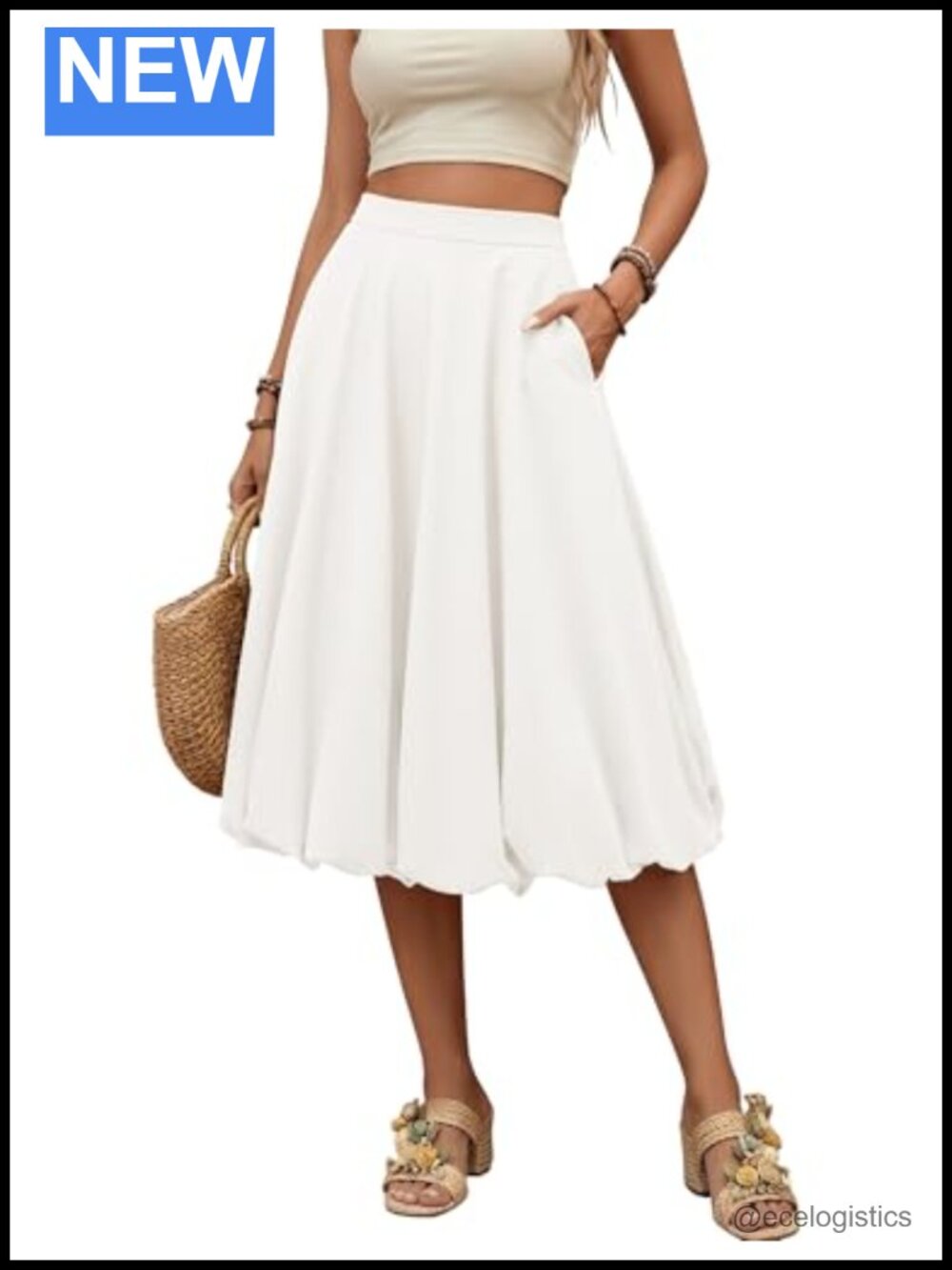 Women's Midi Bubble Skirt with Pockets - Y2K A-Line Polyester Casual